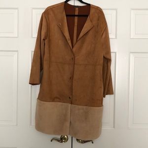 Faux suede jacket with faux fur trim